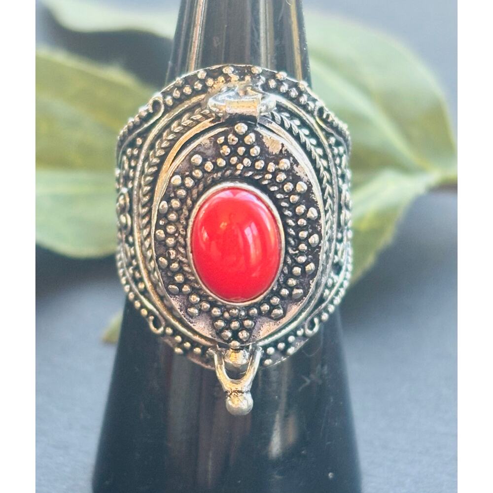 925 Sterling Red Coral  Pill/Poison/Prayer/Locket Ring